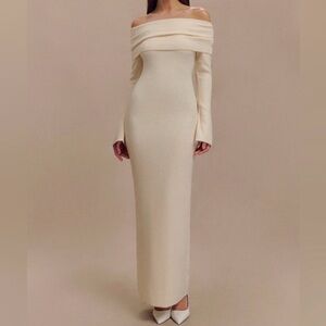 Meshki Cream Long Sleeve Off-Shoulder Dress